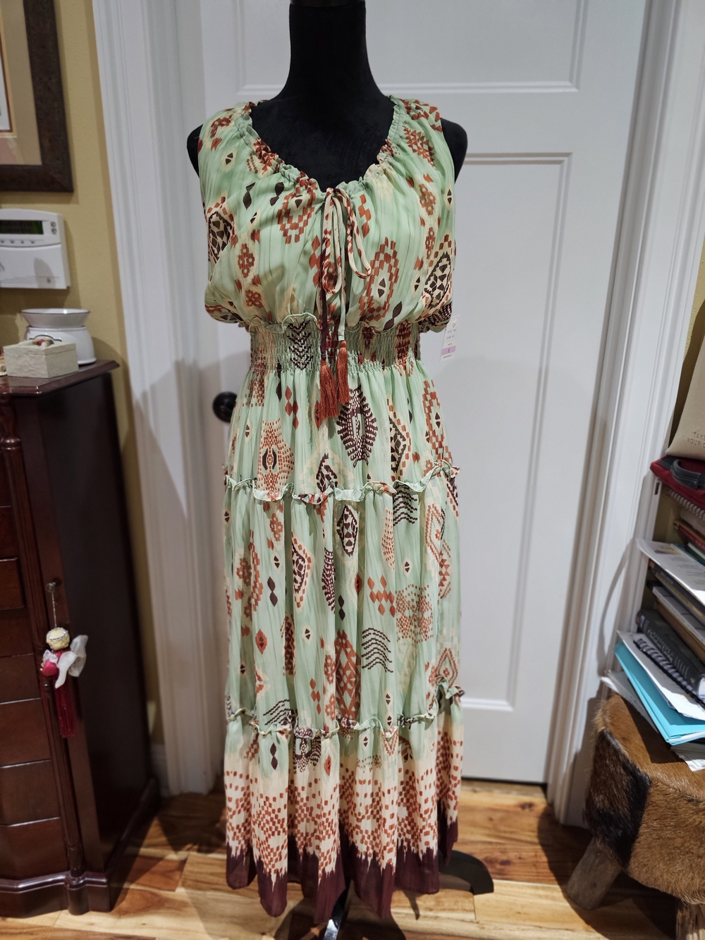 Taylor Mint Green Boho Maxi Dress with Rust & Brown Accents, NWT